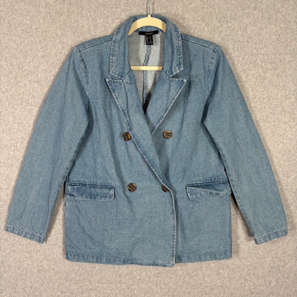 90s Denim Blazer Womens Small Jean Double Breasted Retro Oversized Equestrian